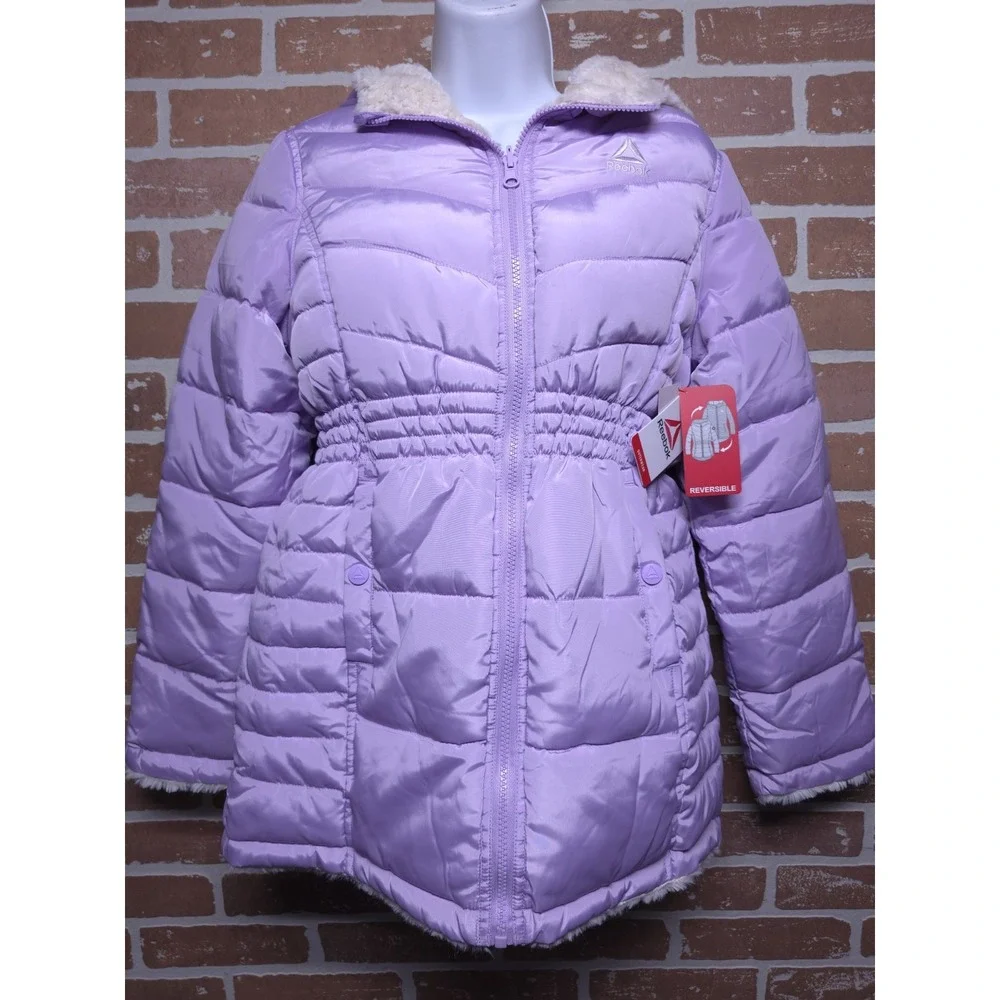 Reebok Reversible Puffer Jacket Girl's Lavender Faux Fur Winter Coat Sz 18‎